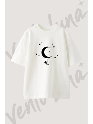 Ay Salincak Tasarım Baskılı Unisex Oversize Kalıp Beyaz Tshirt