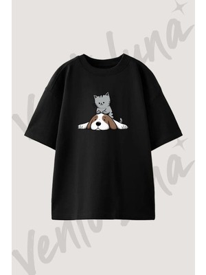 Kedi Kopek Tasarım Baskılı Unisex Oversize Kalıp Siyah Tshirt
