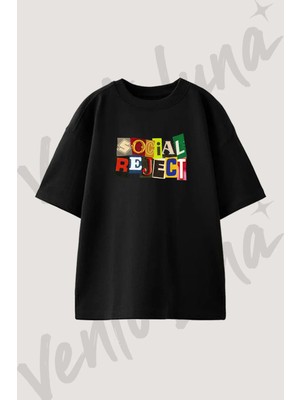 Social Reject Tasarım Baskılı Unisex Oversize Kalıp Siyah Tshirt