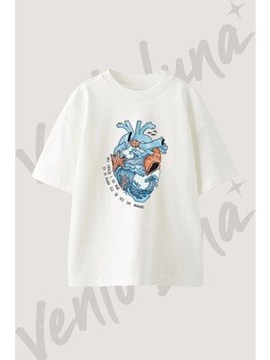 Deniz Kalbi Tasarım Baskılı Unisex Oversize Kalıp Beyaz Tshirt