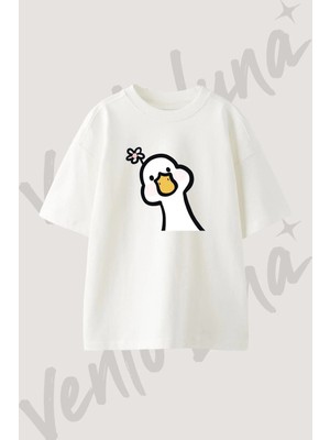 Cizgi Ordek_3 Tasarım Baskılı Unisex Oversize Kalıp Beyaz Tshirt