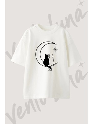 Cats Moon Tasarım Baskılı Unisex Oversize Kalıp Beyaz Tshirt