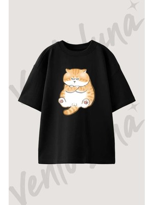 Puyao Kedi Tasarım Baskılı Unisex Oversize Kalıp Siyah Tshirt