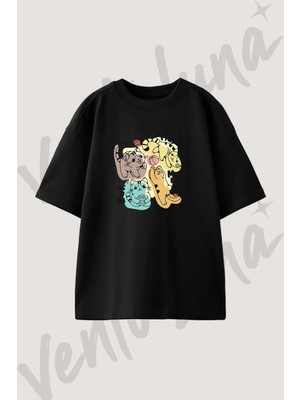 Kawaii Kediler_1 Tasarım Baskılı Unisex Oversize Kalıp Siyah Tshirt
