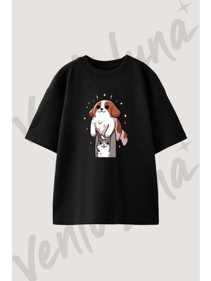 Kedi Kopek_1 Tasarım Baskılı Unisex Oversize Kalıp Siyah Tshirt