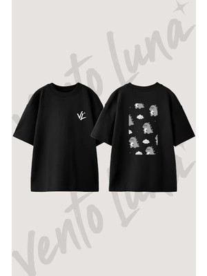 Kawaii Dinosaur Tasarım Sırt Baskılı Pamuk Siyah Oversize T-Shirt