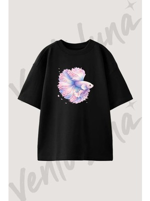 Betta Sakura Tasarım Baskılı Unisex Oversize Kalıp Siyah Tshirt
