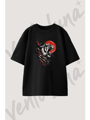 Red Sun Tiger Tasarım Baskılı Unisex Oversize Kalıp Siyah Tshirt