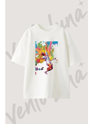 Soyut Tenis Tasarım Baskılı Unisex Oversize Kalıp Beyaz Tshirt
