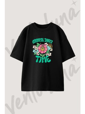 Retro Cicek Saat Tasarım Baskılı Unisex Oversize Kalıp Siyah Tshirt