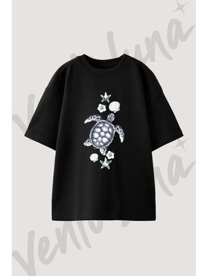 Deniz Kaplumbagasi Tasarım Baskılı Unisex Oversize Kalıp Siyah Tshirt