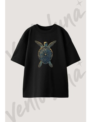 Deniz Kaplumbagasi_2 Tasarım Baskılı Unisex Oversize Kalıp Siyah Tshirt