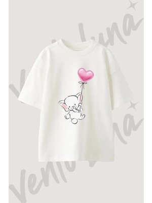 Yavru Fil Tasarım Baskılı Unisex Oversize Kalıp Beyaz Tshirt