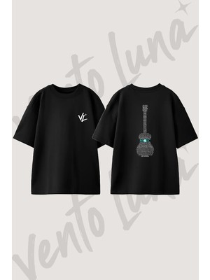 Music Guitar_1 Tasarım Sırt Baskılı Pamuk Siyah Oversize T-Shirt