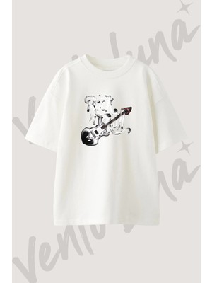Rock N Roll Gitar Tasarım Baskılı Unisex Oversize Kalıp Beyaz Tshirt