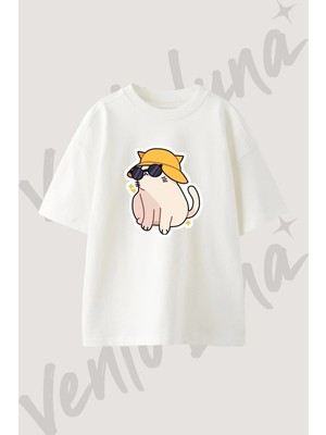 Cool Cat Tasarım Baskılı Unisex Oversize Kalıp Beyaz Tshirt