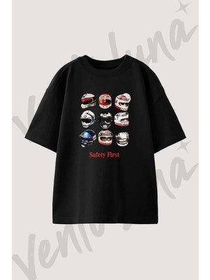 F1 Kasklari Tasarım Baskılı Unisex Oversize Kalıp Siyah Tshirt