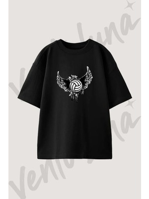 Volleyball Wings Tasarım Baskılı Unisex Oversize Kalıp Siyah Tshirt