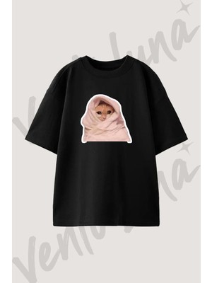 Sad Cat Tasarım Baskılı Unisex Oversize Kalıp Siyah Tshirt