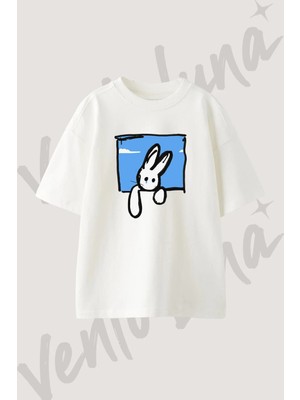 Sad Rabbit Tasarım Baskılı Unisex Oversize Kalıp Beyaz Tshirt