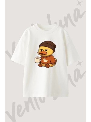 Beanie Duck Tasarım Baskılı Unisex Oversize Kalıp Beyaz Tshirt