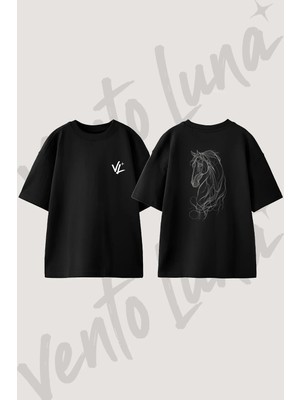 Soyut At Tasarım Sırt Baskılı Pamuk Siyah Oversize T-Shirt