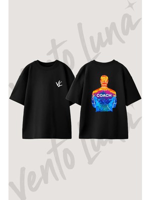 Sıçrama Coach Tasarım Sırt Baskılı Pamuk Siyah Oversize T-Shirt