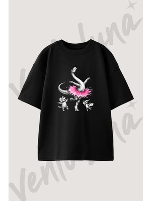 Balerin Dinozor Tasarım Baskılı Unisex Oversize Kalıp Siyah Tshirt