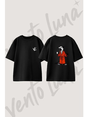 Opossum Coffee Robe Tasarım Sırt Baskılı Pamuk Siyah Oversize T-Shirt