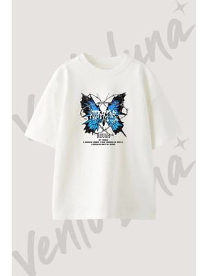 Butterfly Barbed Wire Tasarım Baskılı Unisex Oversize Kalıp Beyaz Tshirt