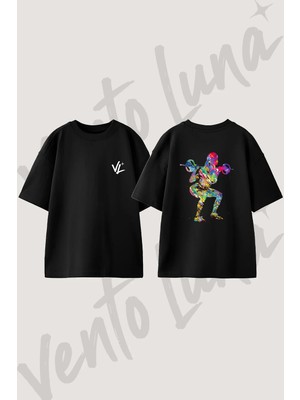 Woman Squat Barbell Tasarım Sırt Baskılı Pamuk Siyah Oversize T-Shirt