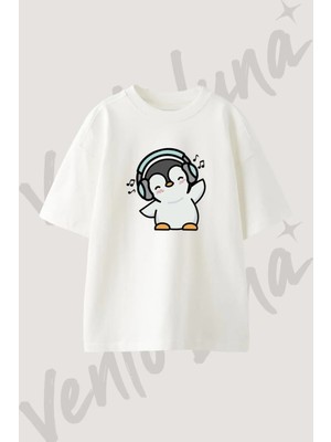 Penguen Kulaklik Tasarım Baskılı Unisex Oversize Kalıp Beyaz Tshirt