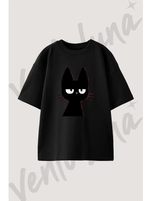 Black Cat_1 Tasarım Baskılı Unisex Oversize Kalıp Siyah Tshirt