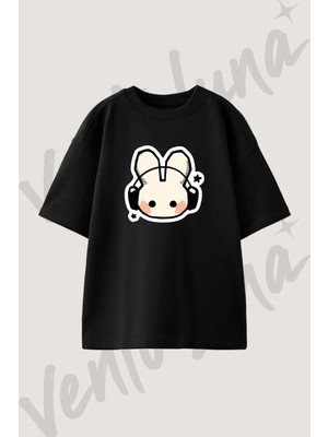 Kulaklıklı Tavşan 6 Tasarım Baskılı Unisex Oversize Kalıp Siyah Tshirt