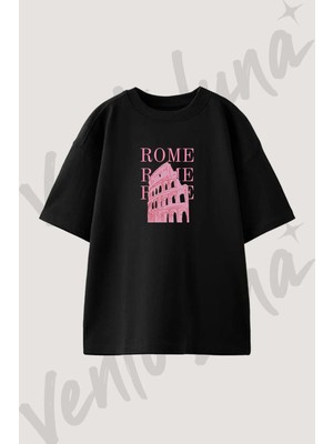 Colosseum Rome Tasarım Baskılı Unisex Oversize Kalıp Siyah Tshirt