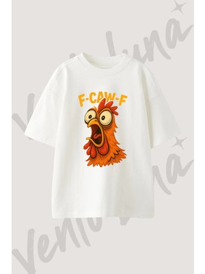 Bagiran Tavuk Tasarım Baskılı Unisex Oversize Kalıp Beyaz Tshirt
