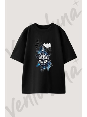 Pusula Denizfeneri Daglar Tasarım Baskılı Unisex Oversize Kalıp Siyah Tshirt