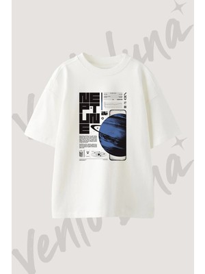 Neptune Tasarım Baskılı Unisex Oversize Kalıp Beyaz Tshirt