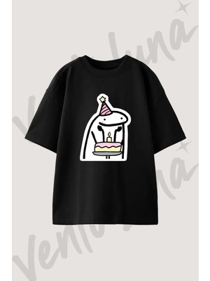 Flork Dogum Gunu Tasarım Baskılı Unisex Oversize Kalıp Siyah Tshirt