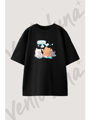Kediler Klima Tasarım Baskılı Unisex Oversize Kalıp Siyah Tshirt