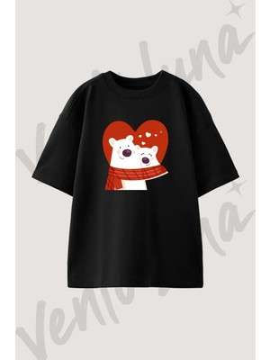 Kutup Ayilari Sevgi Tasarım Baskılı Unisex Oversize Kalıp Siyah Tshirt