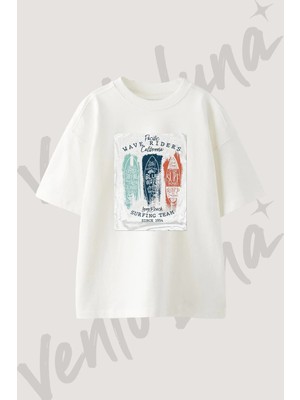 California Surfing Tasarım Baskılı Unisex Oversize Kalıp Beyaz Tshirt