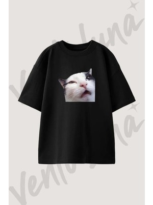 Kedi Meme Tasarım Baskılı Unisex Oversize Kalıp Siyah Tshirt