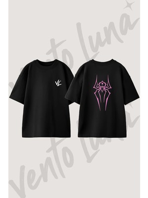 Spider Gwen Tasarım Sırt Baskılı Pamuk Siyah Oversize T-Shirt