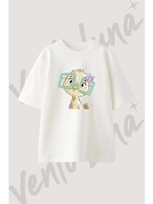 Chick Glasses Tasarım Baskılı Unisex Oversize Kalıp Beyaz Tshirt