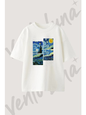 Starry Night Van Gogh Tasarım Baskılı Unisex Oversize Kalıp Beyaz Tshirt