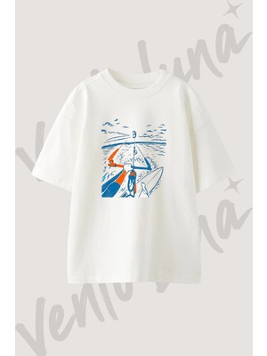 Kite Surf_1 Tasarım Baskılı Unisex Oversize Kalıp Beyaz Tshirt