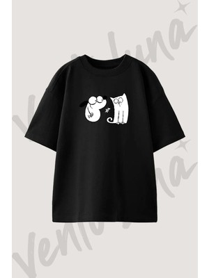 Kopek Kedi Tasarım Baskılı Unisex Oversize Kalıp Siyah Tshirt