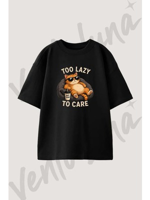 Lazy Cat_2 Tasarım Baskılı Unisex Oversize Kalıp Siyah Tshirt