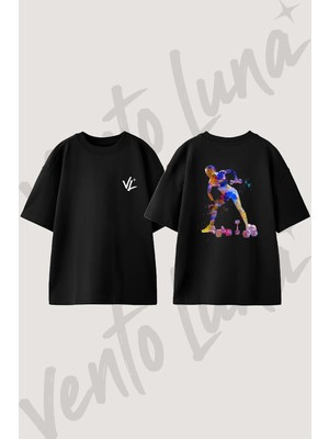 Watercolor Fitness Tasarım Sırt Baskılı Pamuk Siyah Oversize T-Shirt